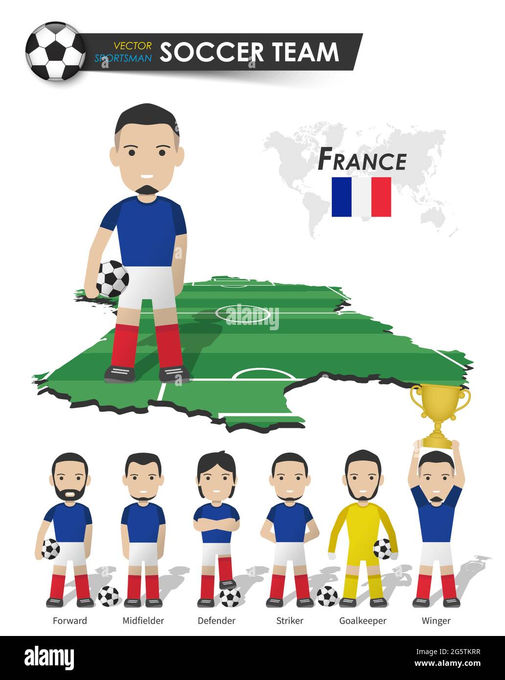 France national soccer cup team . Football player with sports jersey stand on perspective field country map and world map . Set of footballer position Stock Vector