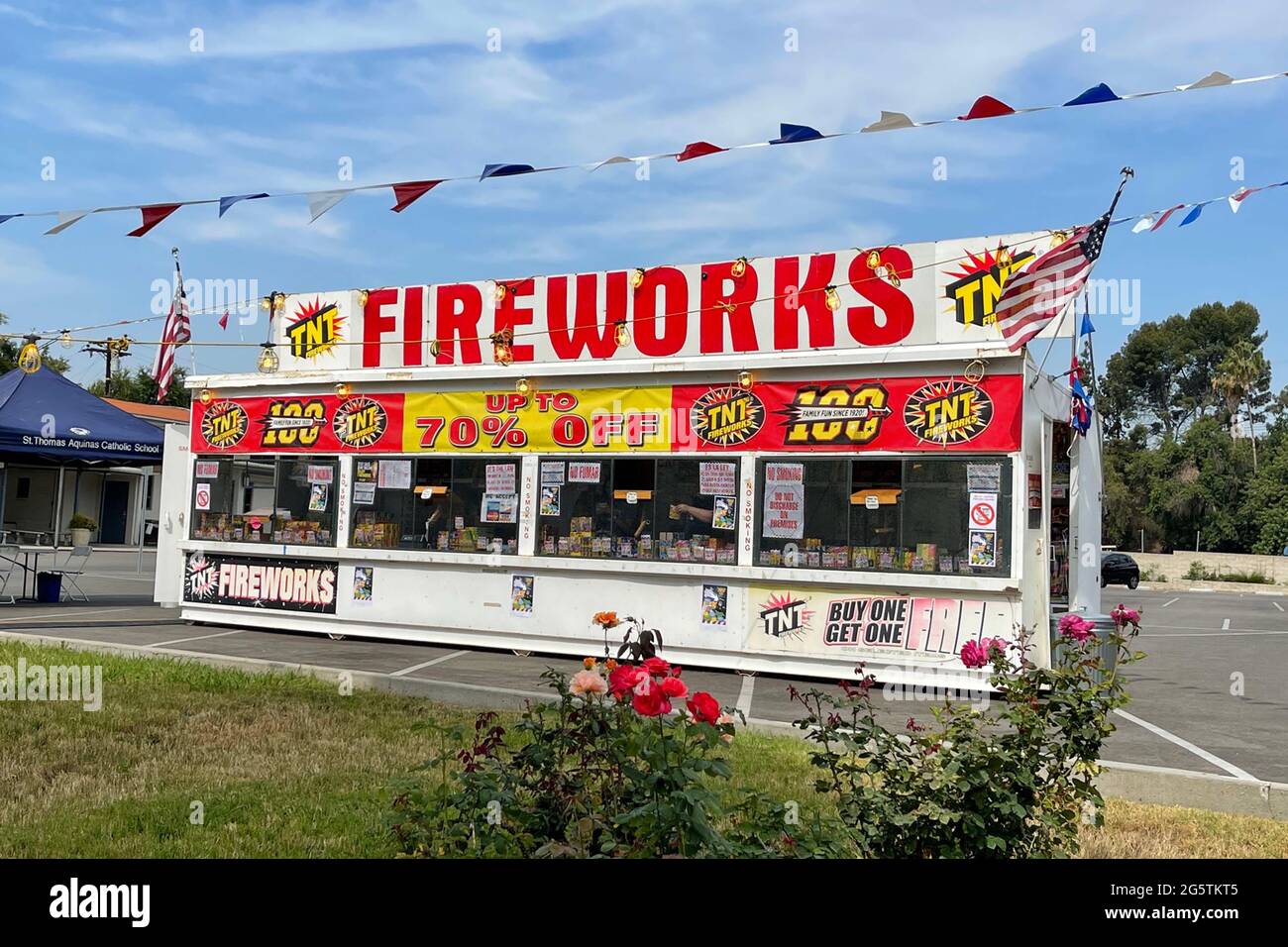 A TNT Fireworks stand at St. Thomas Aquinas Catholic School, Tuesday, June 29, 2021, in Monterey Park, Calif. Stock Photo