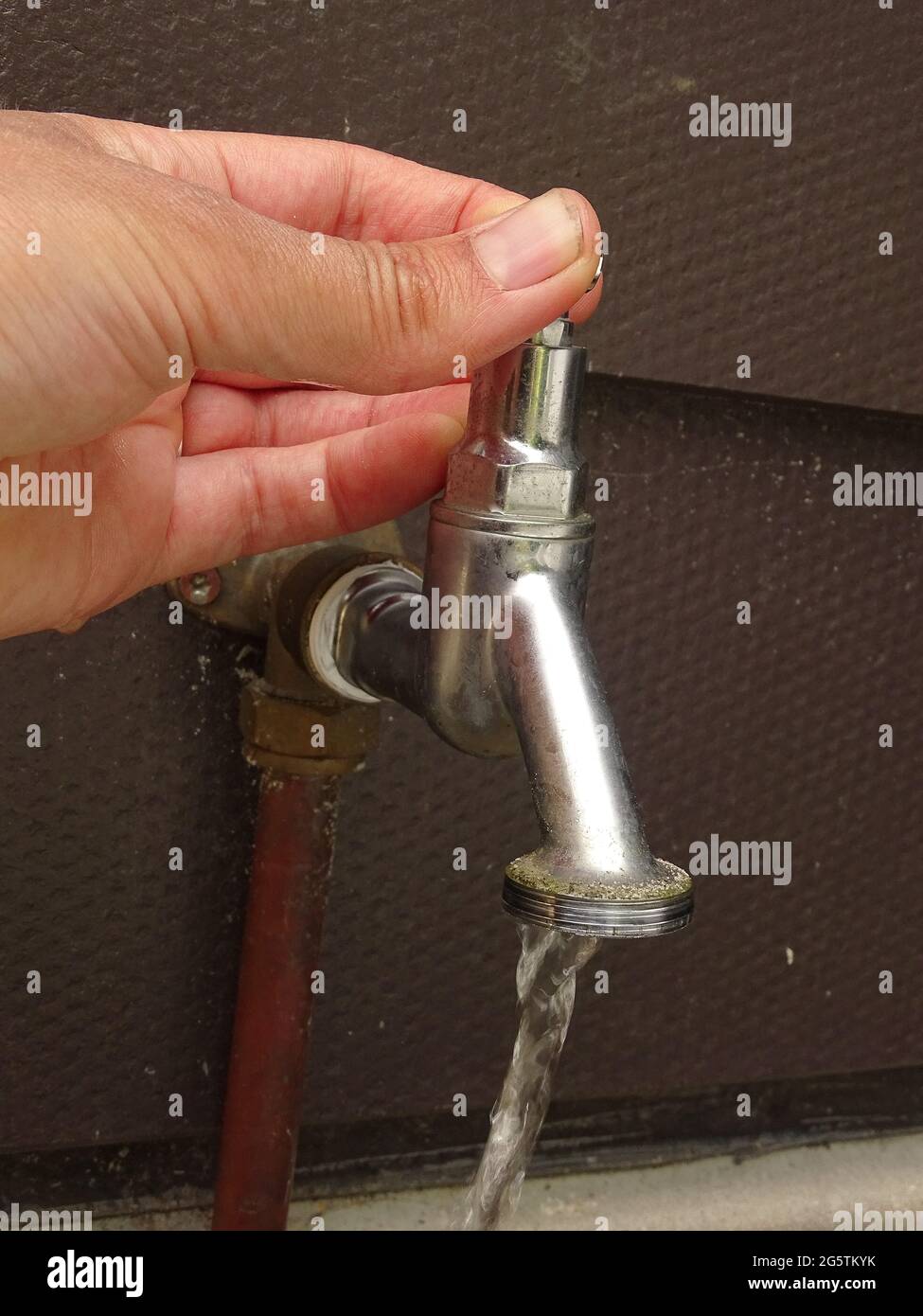 outdoor water tap in the garden on the wall, one hand turns on the tap ...