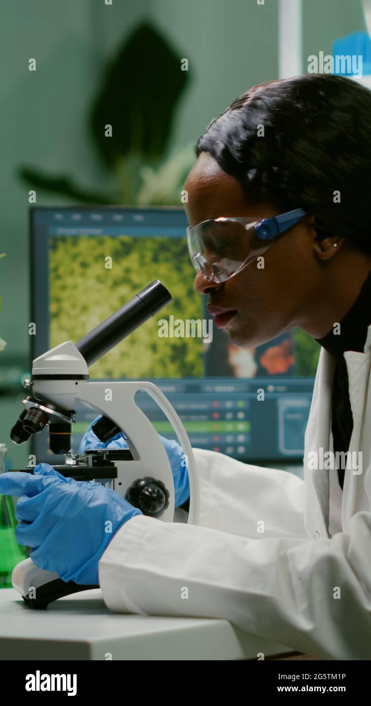 Biologist woman looking at test sample under microscope working at gmo ...
