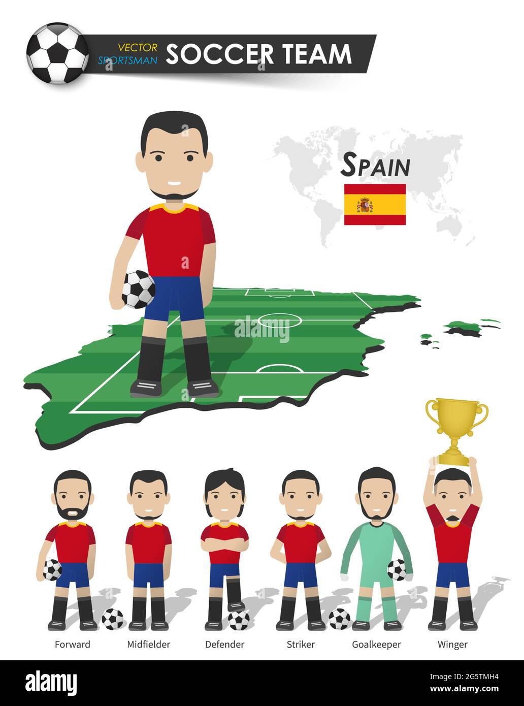 Spain national soccer cup team . Football player with sports jersey stand on perspective field country map and world map . Set of footballer positions Stock Vector
