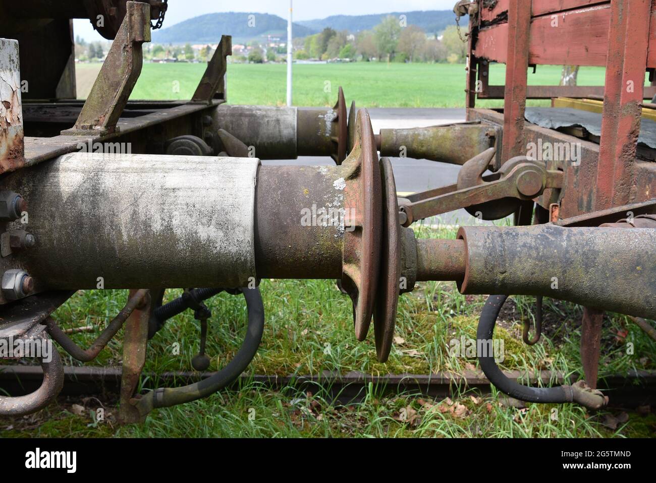 Lateral view on pneumatic model of a buffer and hook system used on the railway for attaching vehicles to one another. Stock Photo