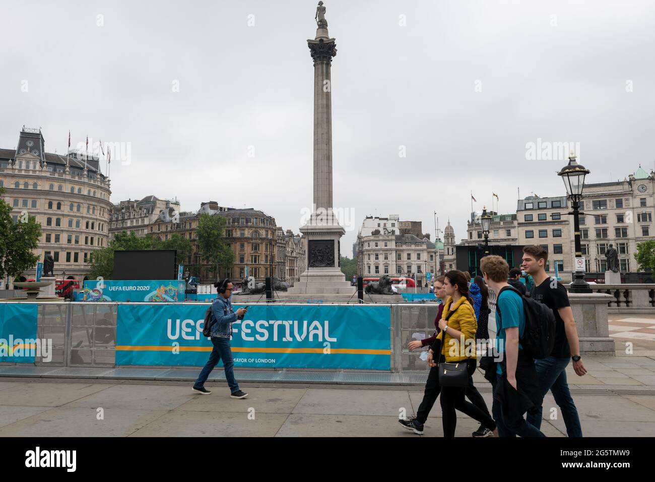 London. UK- 06.27.2021: banners signs in Trafalgar Square for the UEFA Festival, hosting outdoor viewing for the EURO 2020 football Stock Photo