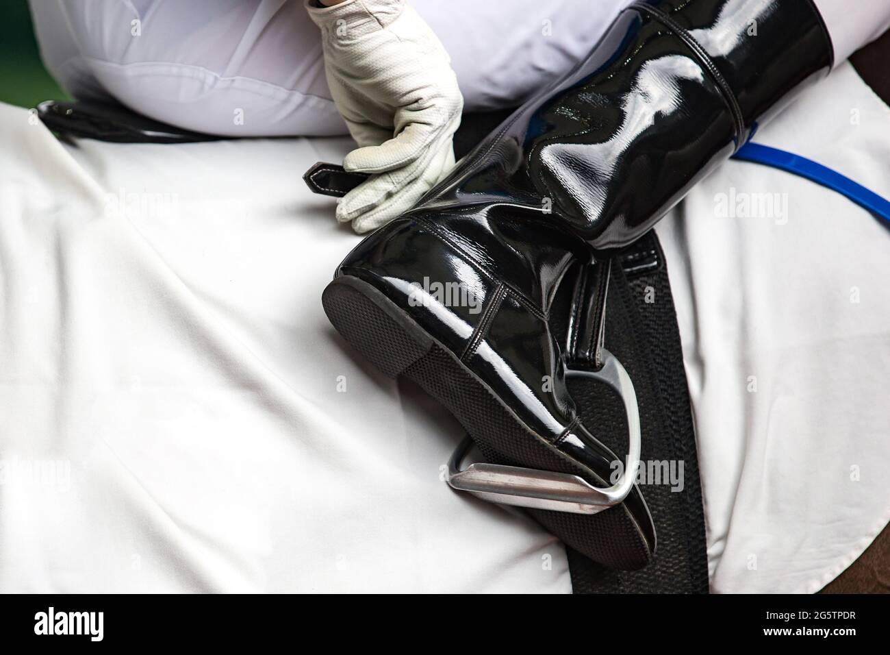 Horse racing themed photograph. Jockey adjusting the stirrup and the boot. Stock Photo