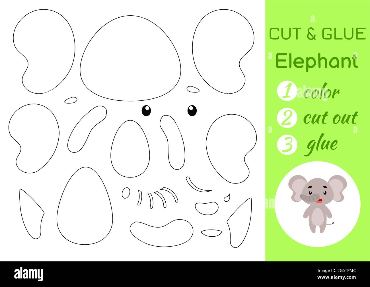 Color, cut and glue paper little elephant. Cut and paste crafts activity page. Educational game