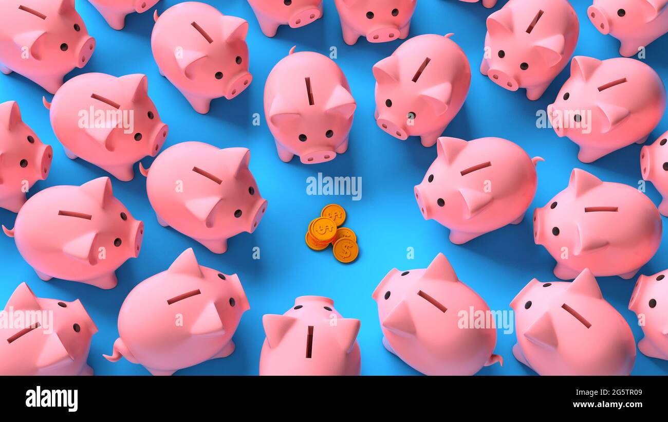 Lots of pink piggy banks around a stack of money coins on a blue ...