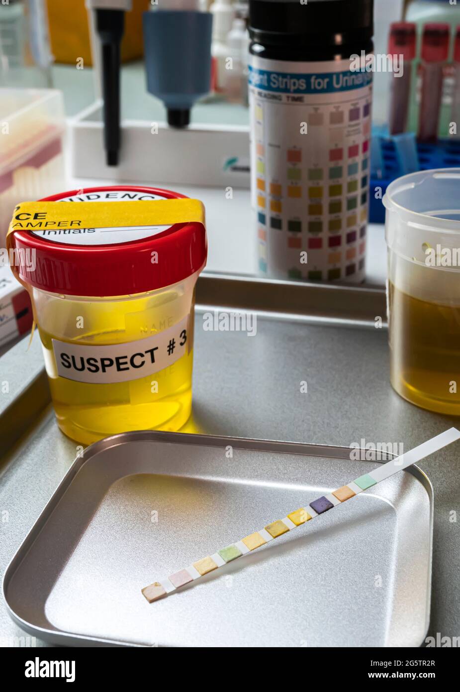 Urine analysis result of murder suspect in crime lab, concept image Stock Photo