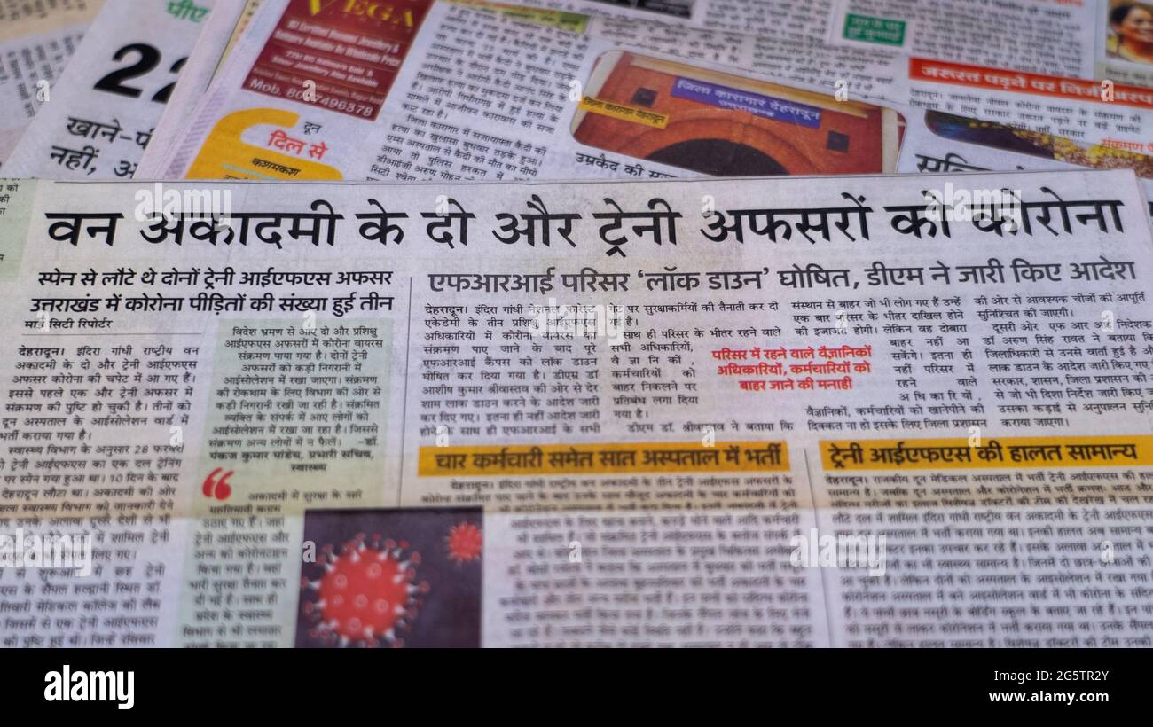 Dehradun Uttarakhand India June 28 21 Hindi Coronavirus Covid 19 News Headline In Newspaper Of India Headlines Of The Month March April Stock Photo Alamy