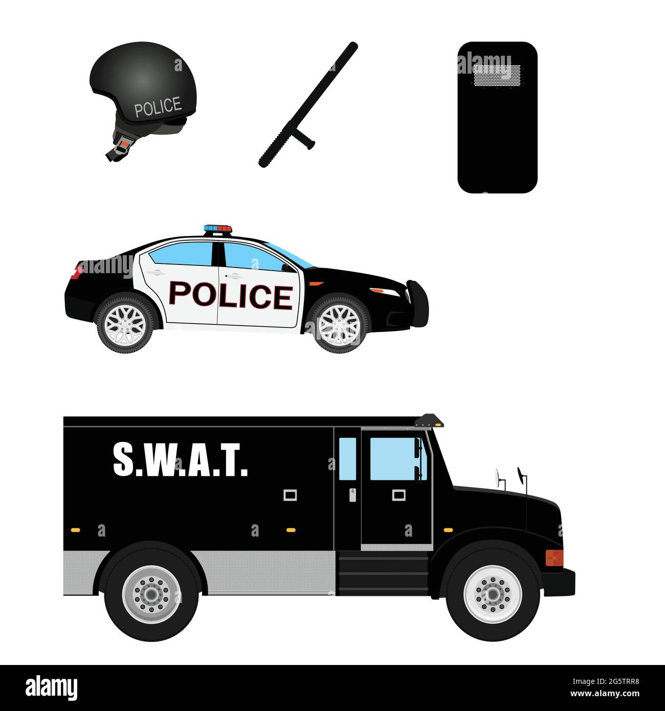 Police transport, vehicles. Police helmet, shield and stick. Vector illustration. Stock Vector