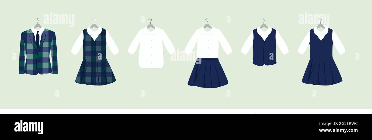 School or College Uniforms on Hangers. Kids Clothes Vector Set Stock ...