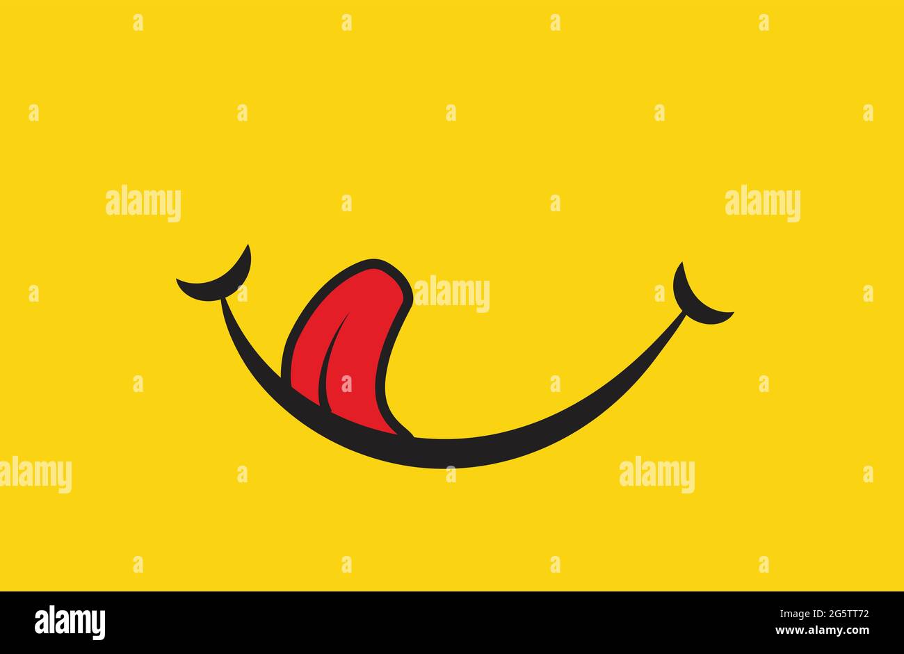 Yummy smile cartoon line emoticon with tongue lick mouth. Delicious tasty food eating emoji face on yellow design background Stock Vector