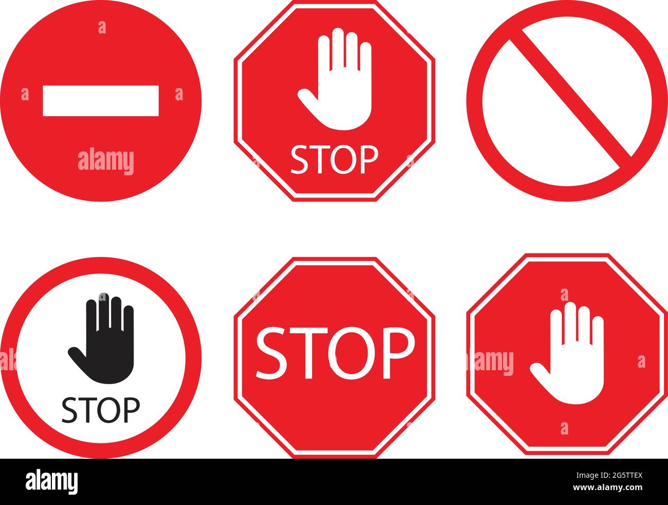 Stop signs collection in red and white, traffic sign to notify drivers and provide safe and orderly street operation. Vector flat style illustration i Stock Vector