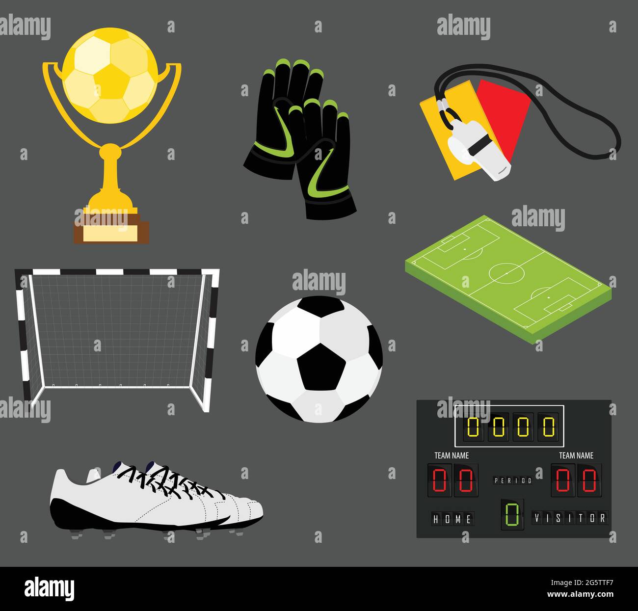 Soccer set of icons with field, ball, trophy, scoreboard, whistle, gloves and boots isolated vector illustration Stock Vector