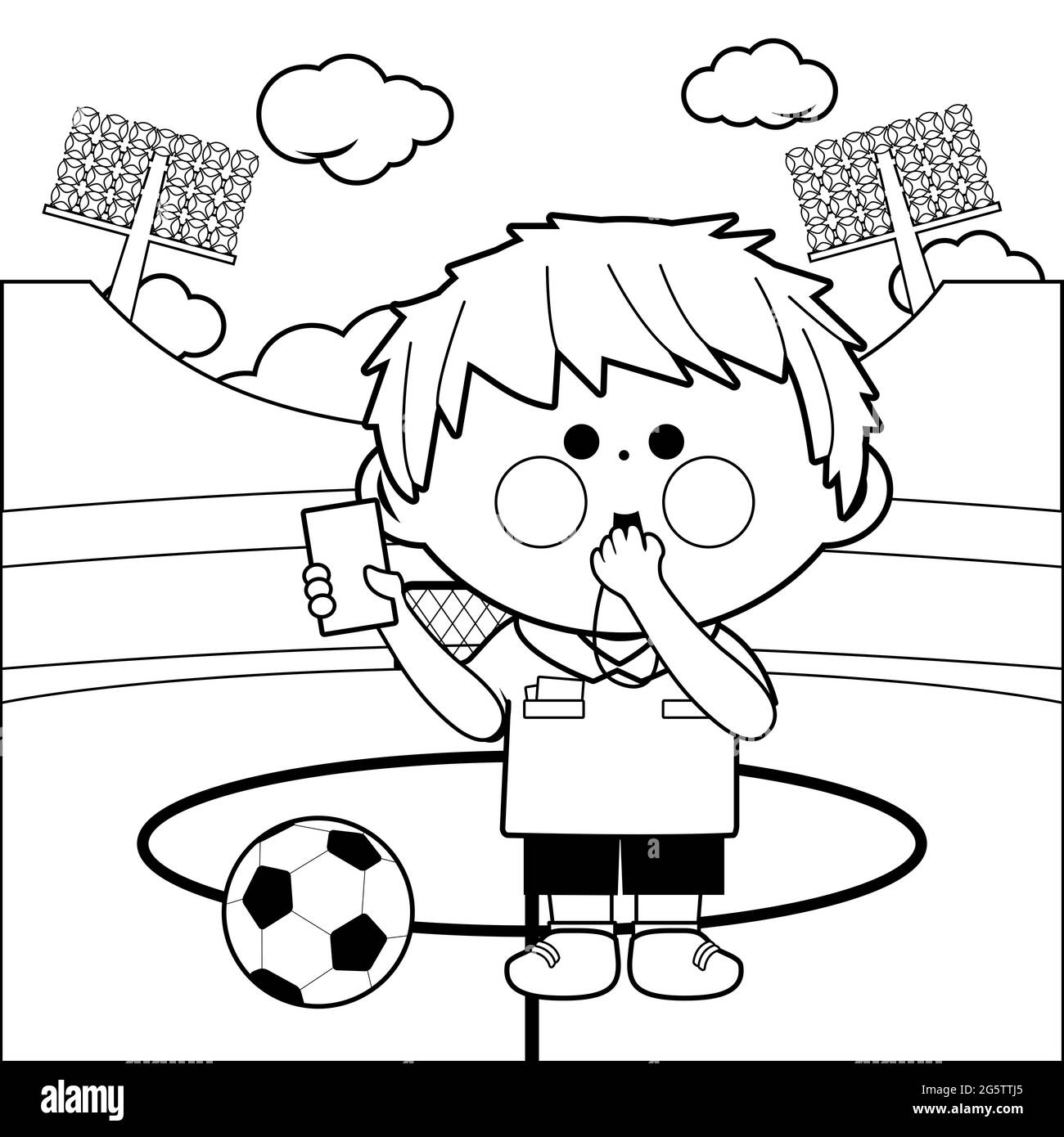 Soccer referee at a stadium blowing a whistle and showing a red card. Black and white coloring page. Stock Photo