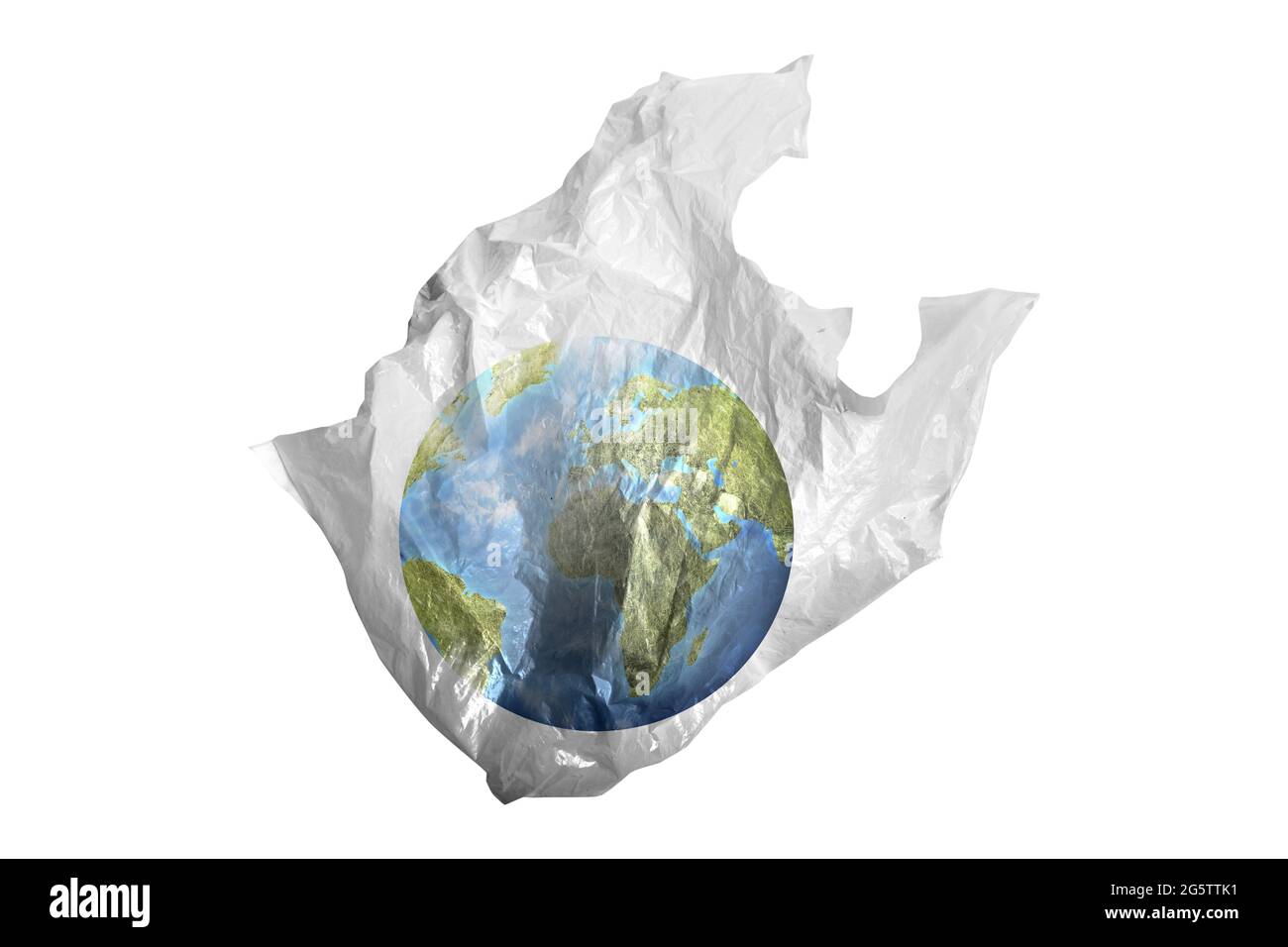Earth in plastic bag isolated over white background. Plastic pollution