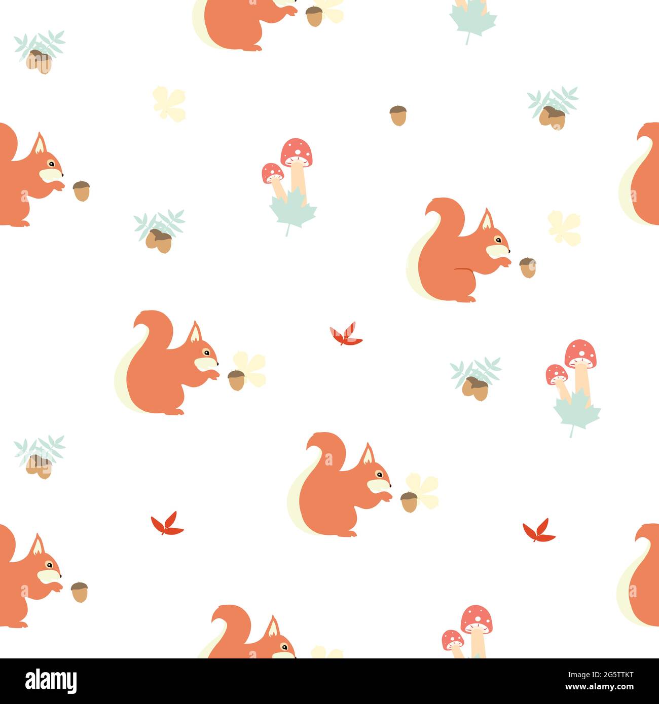 Forest seamless pattern with cute squirrel leaves and mushrooms Stock Vector