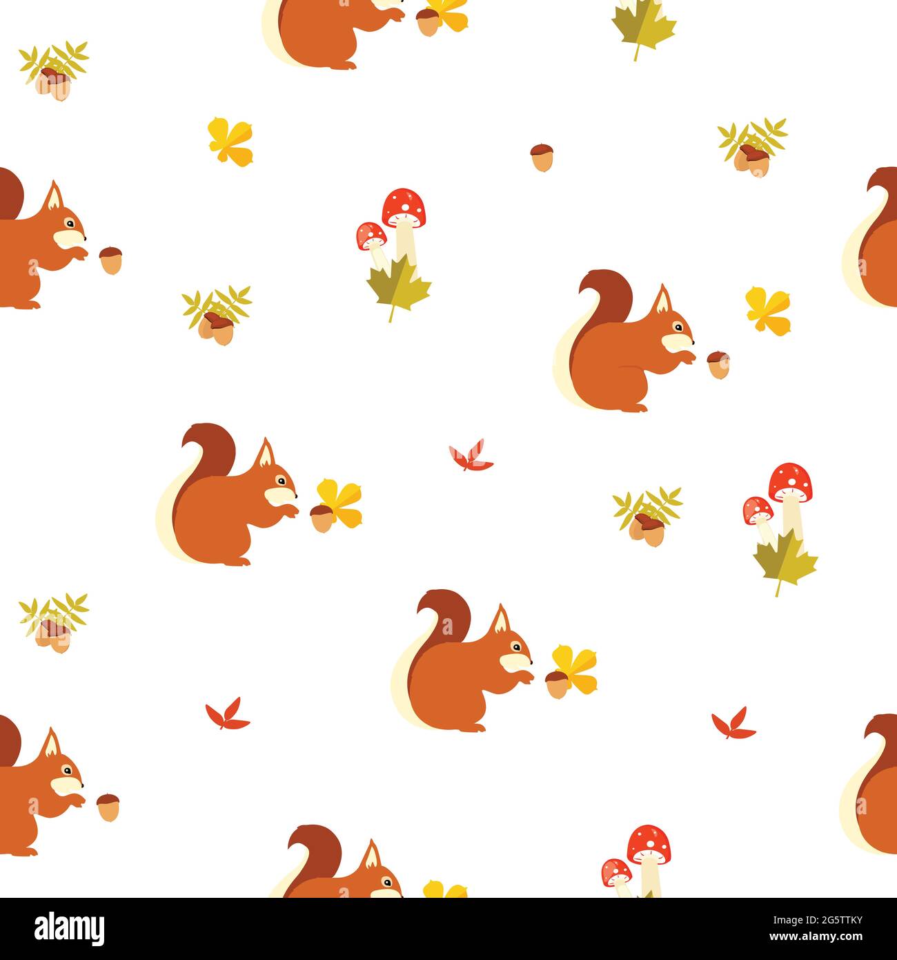 Forest seamless pattern with cute squirrel leaves and mushrooms Stock Vector
