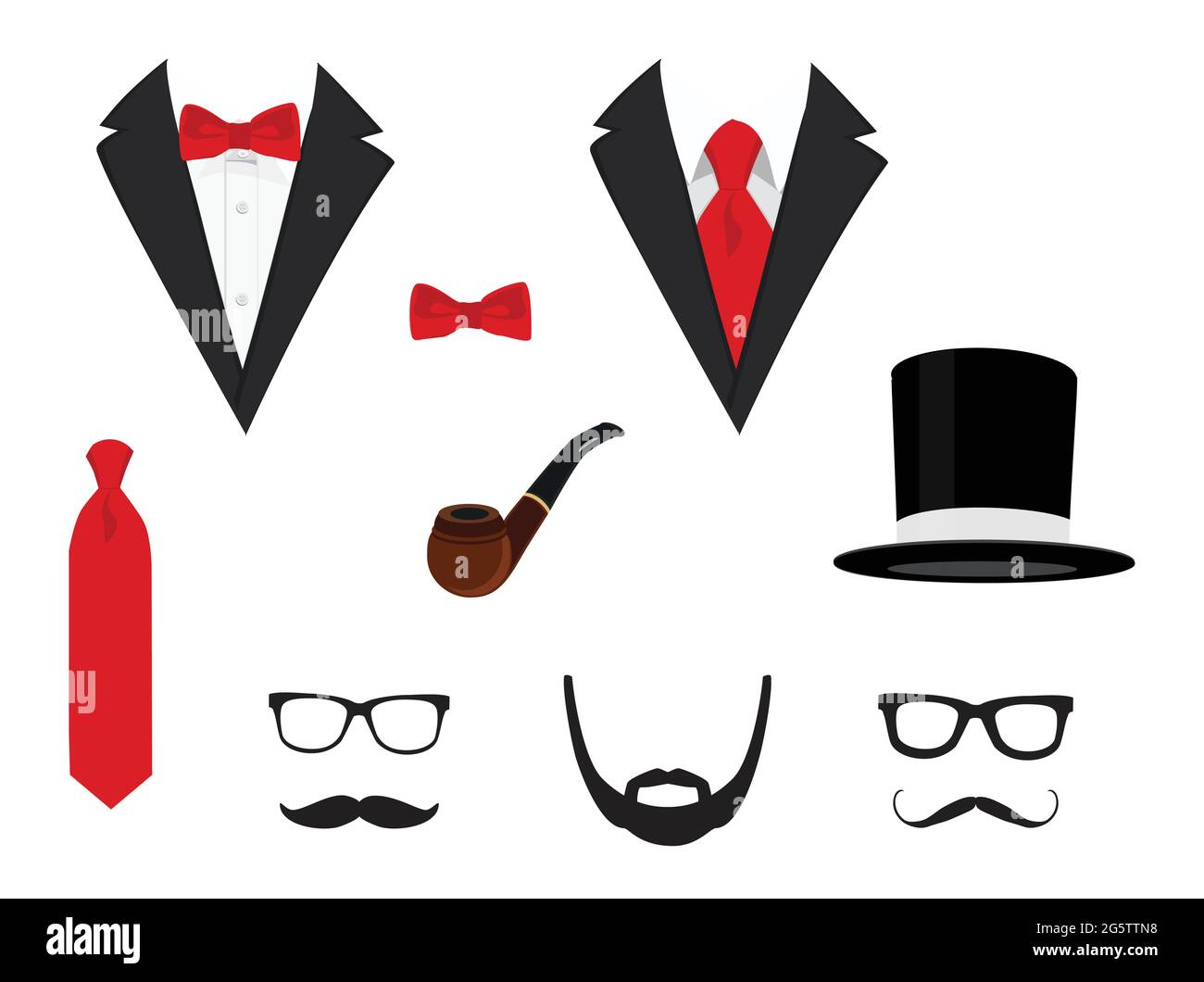 Men's jackets. Tuxedo with mustaches, glasses, beard, pipe and top hat. Wedding suits with bow tie and with necktie. Vector illustration Stock Vector