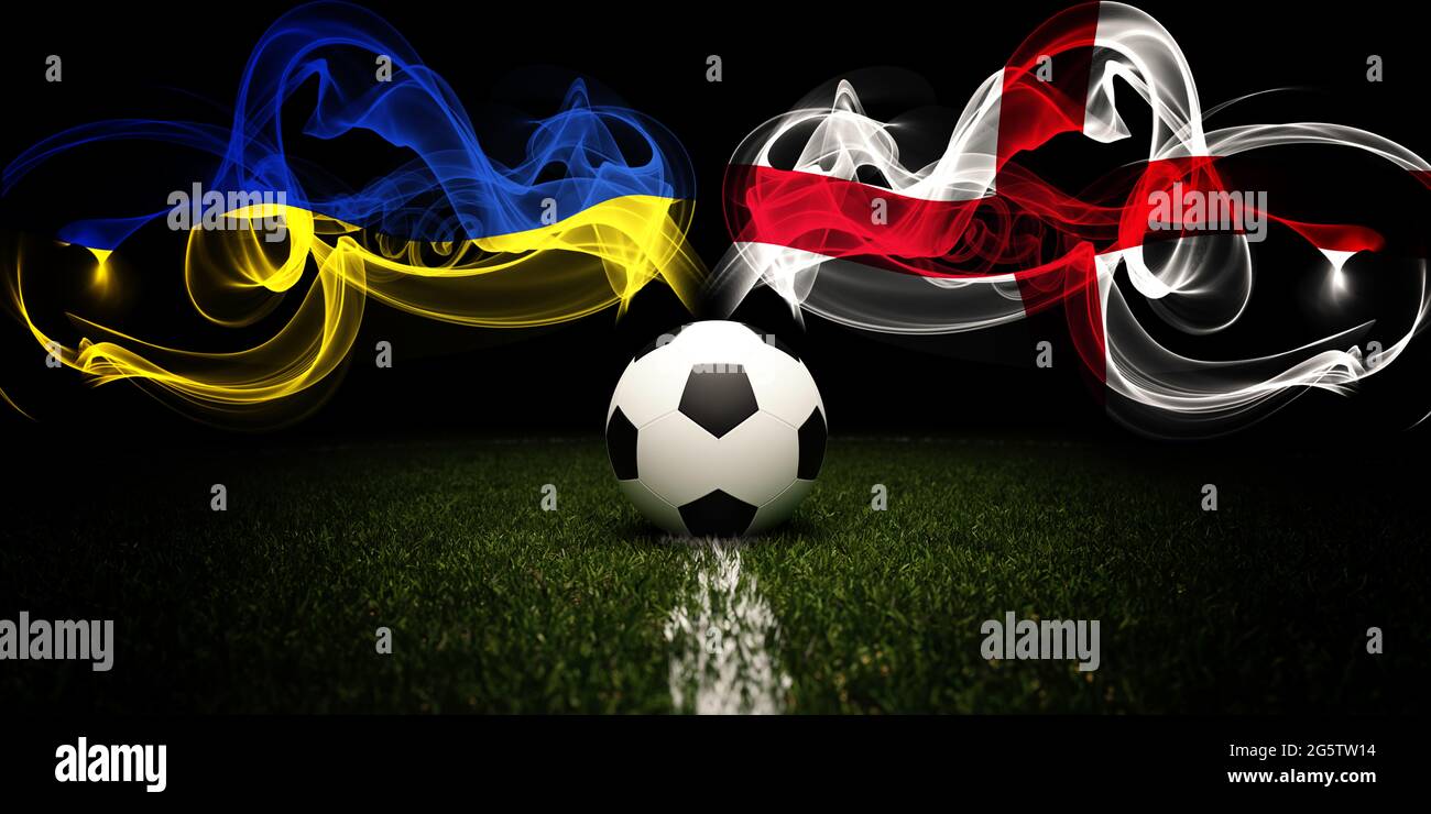 Football tournament. Football with national flags of Ukraine and England. Soccer ball and text. 3d rendering. Soccer match. Euro cup or world cup. Stock Photo