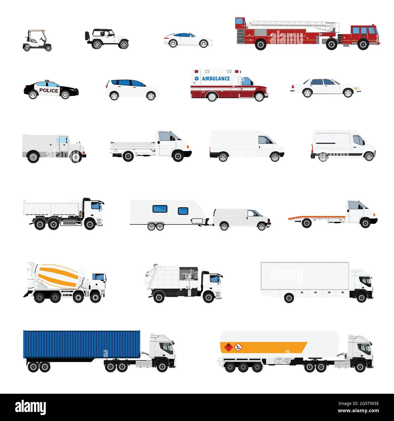 Transport vector transportable vehicle. Transportation in city illustration set of ambulance fire-engine and police car isolated on white background Stock Vector