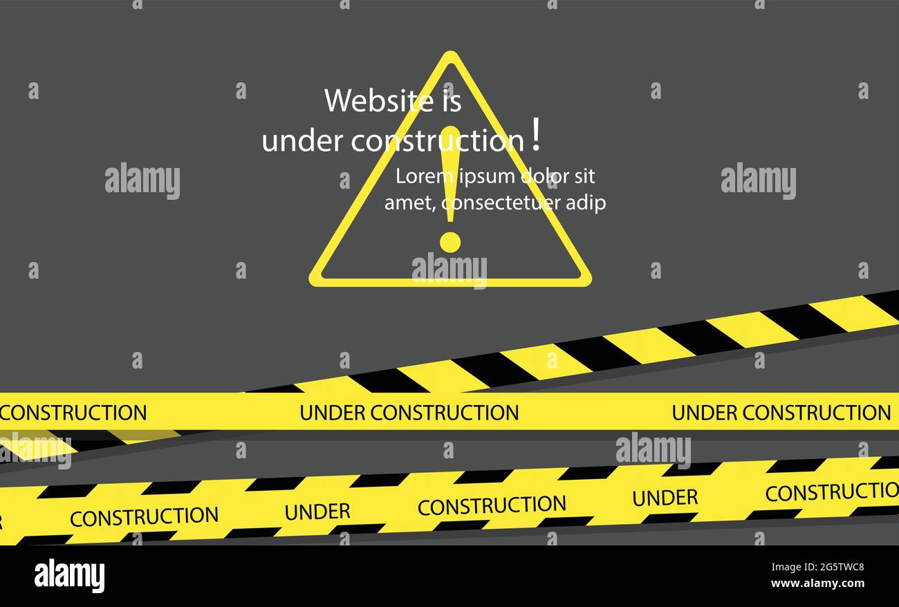 Under construction website page with black and yellow striped borders vector illustration. Border stripe web, warning banner Stock Vector