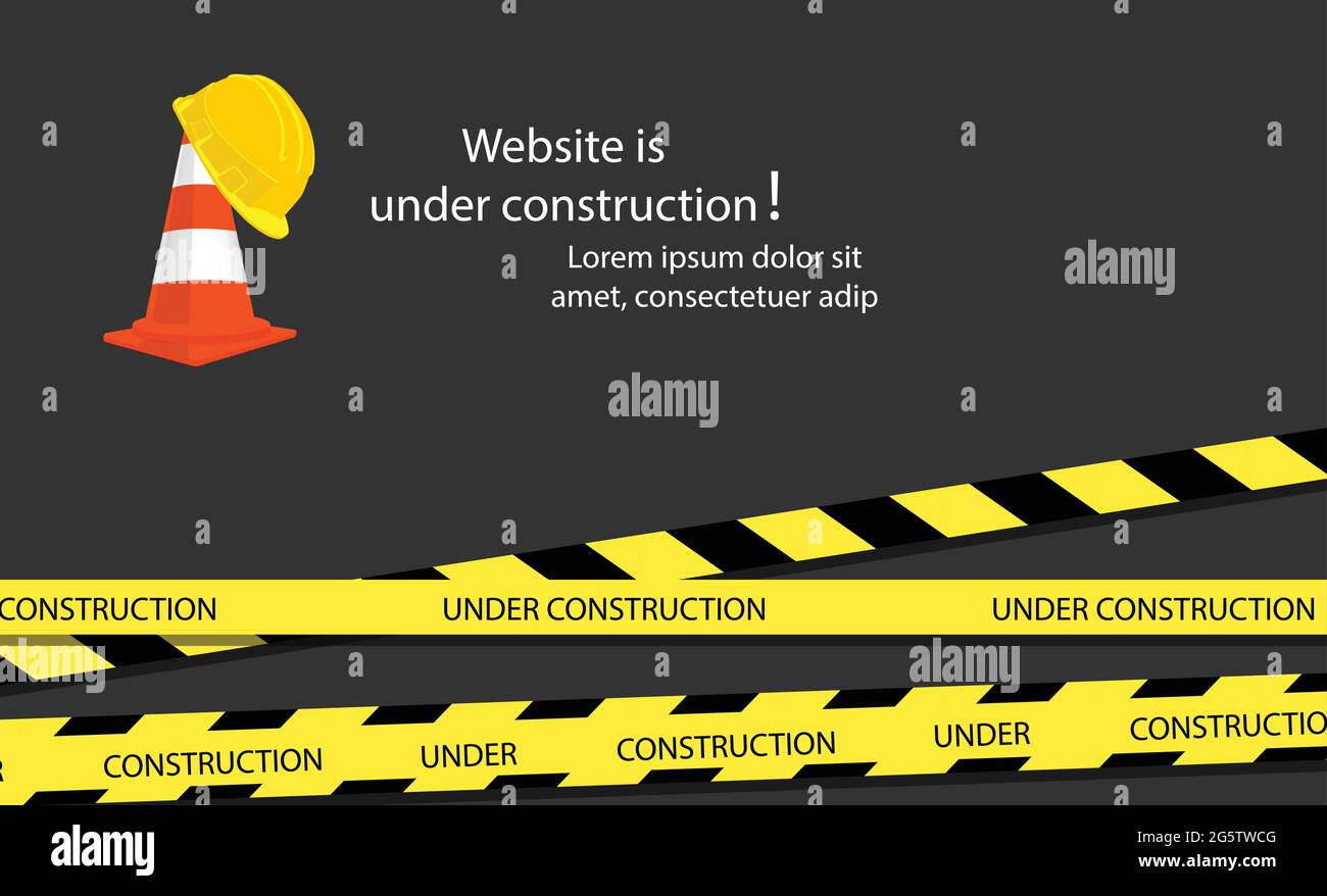 Website under construction page. Under construction website page with black and yellow striped borders vector illustration. Border stripe web, warning Stock Vector