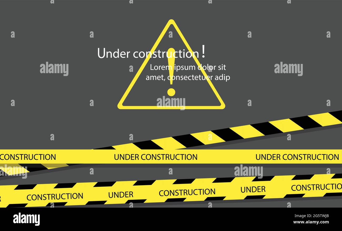Under construction website page with black and yellow striped borders vector illustration. Border stripe web, warning banner Stock Vector