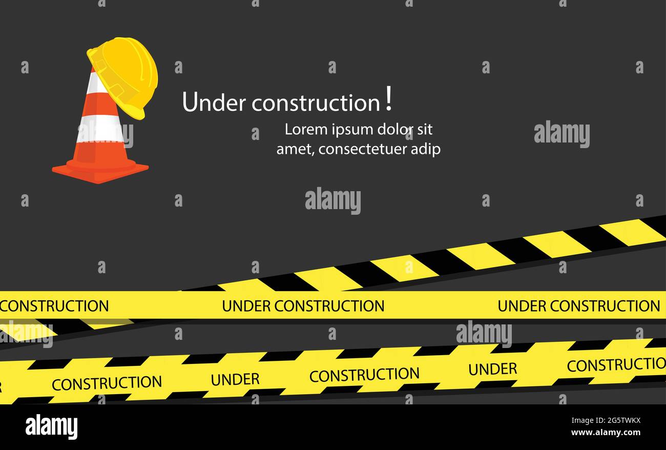 Website under construction page. Under construction website page with black and yellow striped borders vector illustration. Border stripe web, warning Stock Vector