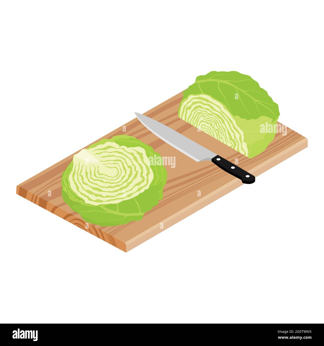 Cabbage slice, knife and cutted cabbage on wooden chopping board