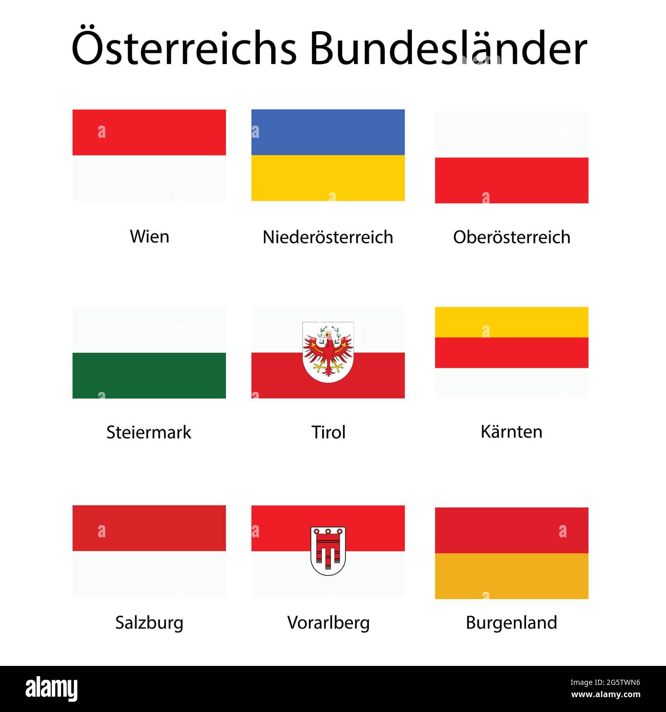 Vector icon set, collection Austria federal states flags. Burgenland, Vorarlberg, Salzburg, Tyrol, Carinthia, Styria, Lower and Upper Austria. Stock Vector