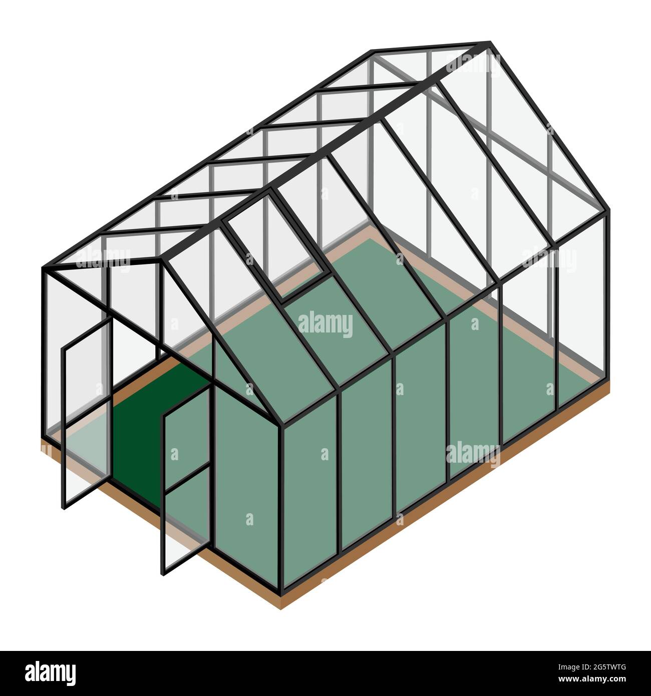 Empty greenhouse with opened door and closed window isometric view