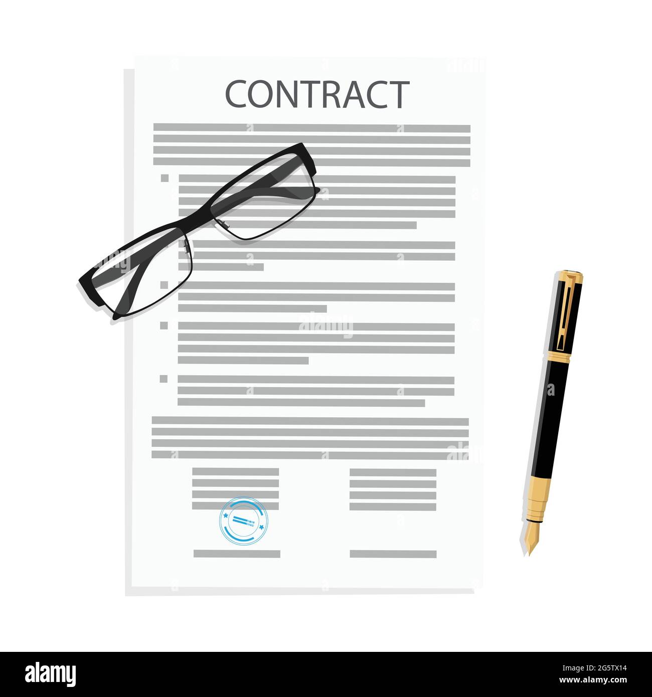 Contract agreement, glasses, folder and pen. Partnership signing document concept. Vector illustration Stock Vector