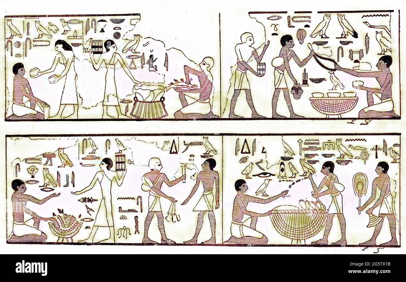 Egyptian exchange market, representation of a grave of the 15th Dynasty, cultural history, Egypt / aegyptischer Tauschmarkt, Darstellung aus einem Grab der 15. Dynastie, Kulturgeschichte, aegypten, Historisch, historical, digital improved reproduction of an original from the 19th century / digitale Reproduktion einer Originalvorlage aus dem 19. Jahrhundert, , Koloriert, Kolorierung, koloriert, colored Stock Photo
