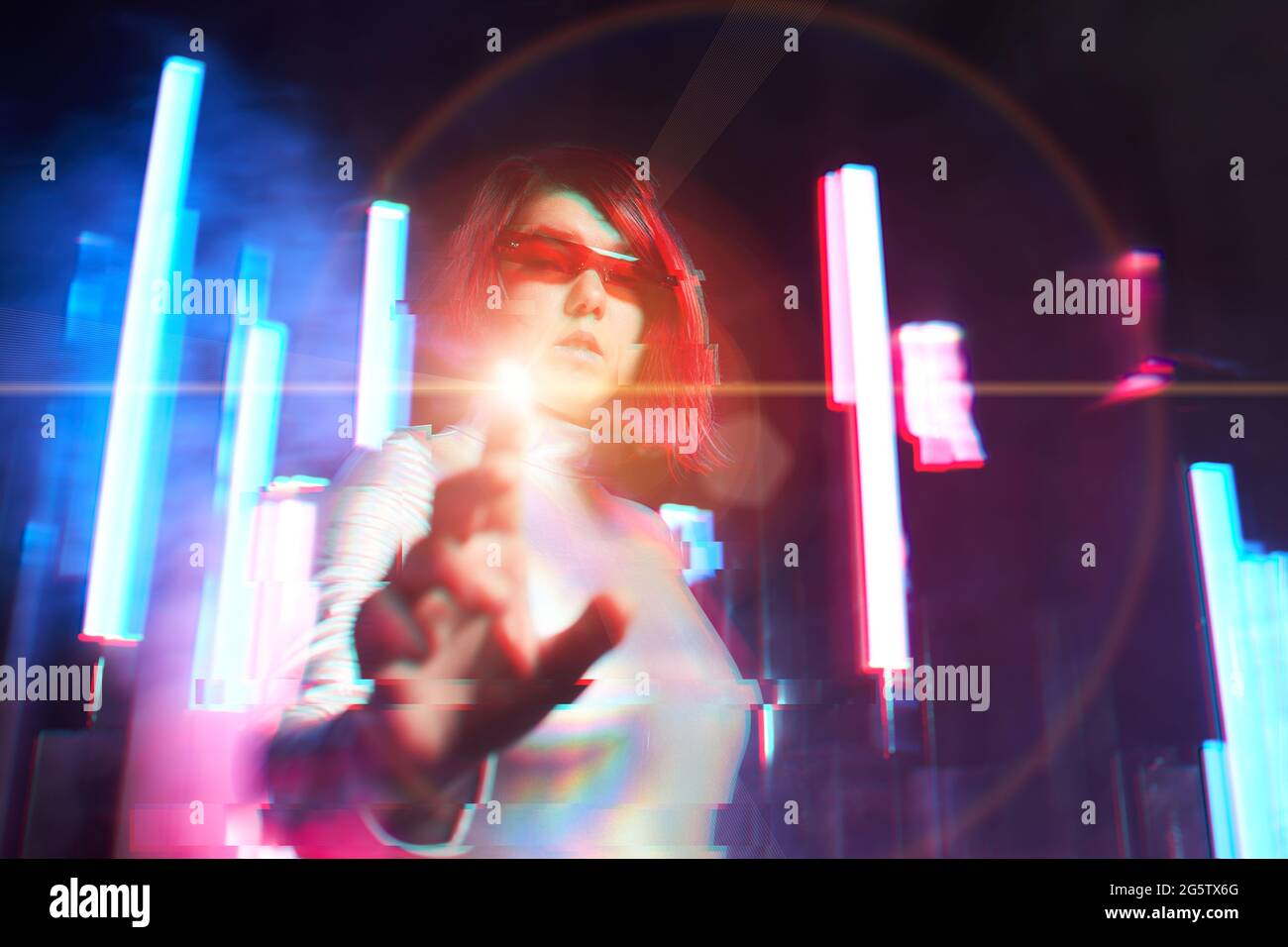 Artificial intelligence robot or virtual assistant interact with big data. Concept of future technology, virtual and extended reality. Stock Photo