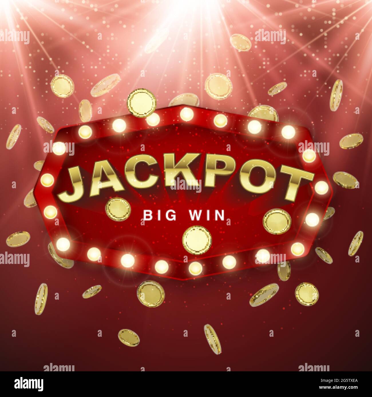 Jackpot casino winner. Big win banner. Retro signboard with falling gold coins on red background with light rays. Vector illustration Stock Vector