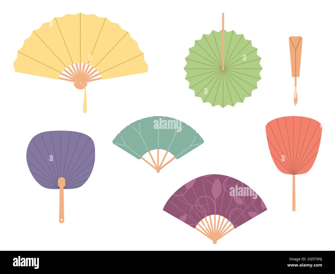Asian fans. Colored hand traditional fan set isolated on white