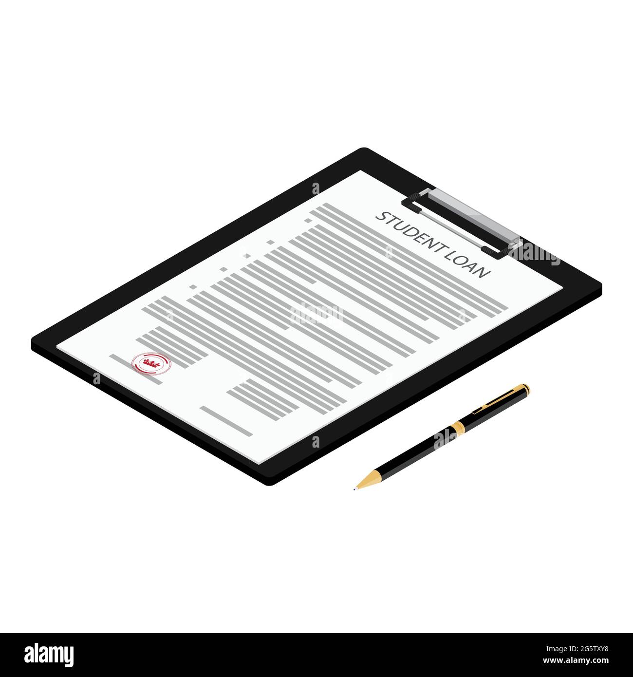 Student loan application form on clipboard and pen isometric view