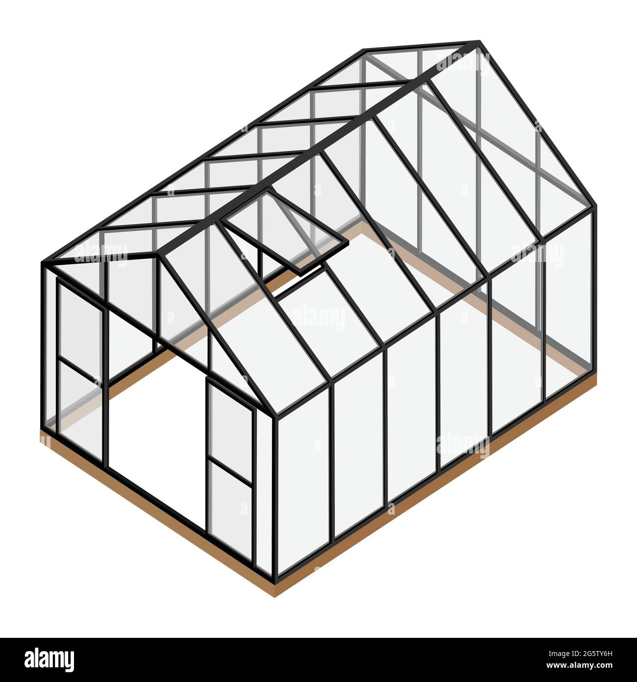 Empty greenhouse with opened window and door isometric view isolated on white background. Glass house. Stock Vector