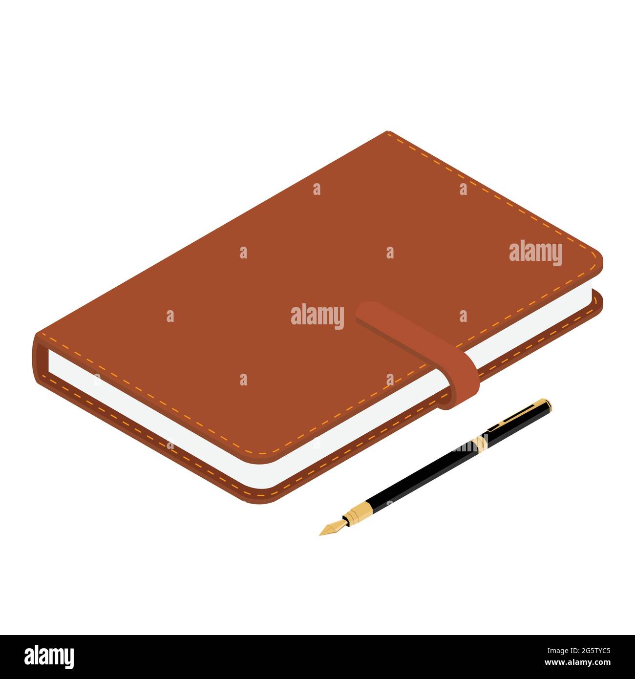 Brown leather notebook, notepad and fountain pen isolated on white