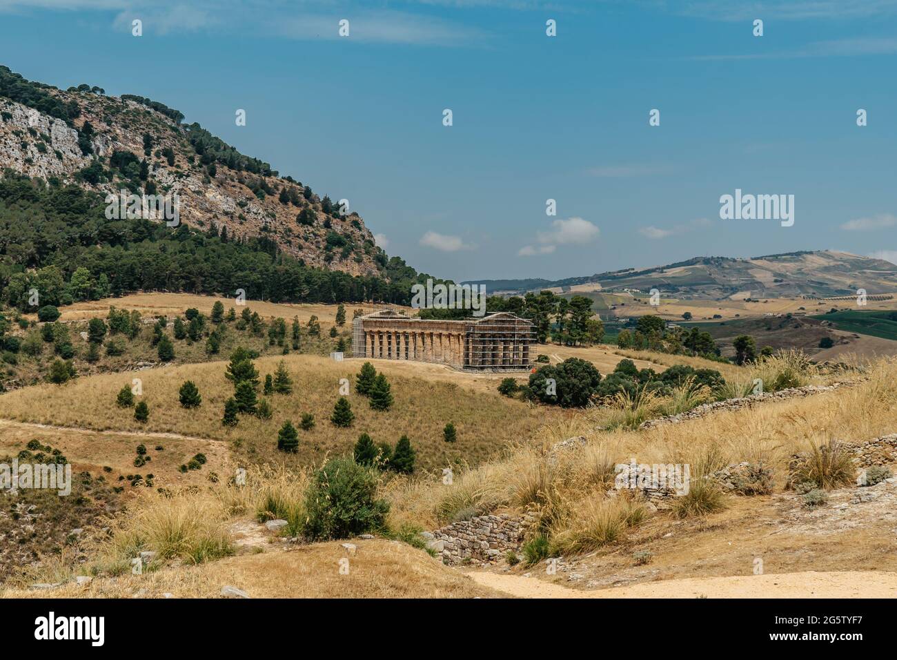 Doric Temple of Segesta with view over the valley towards the Gulf of Castellamare,Sicily,Italy.European archeological site in reconstruction Stock Photo