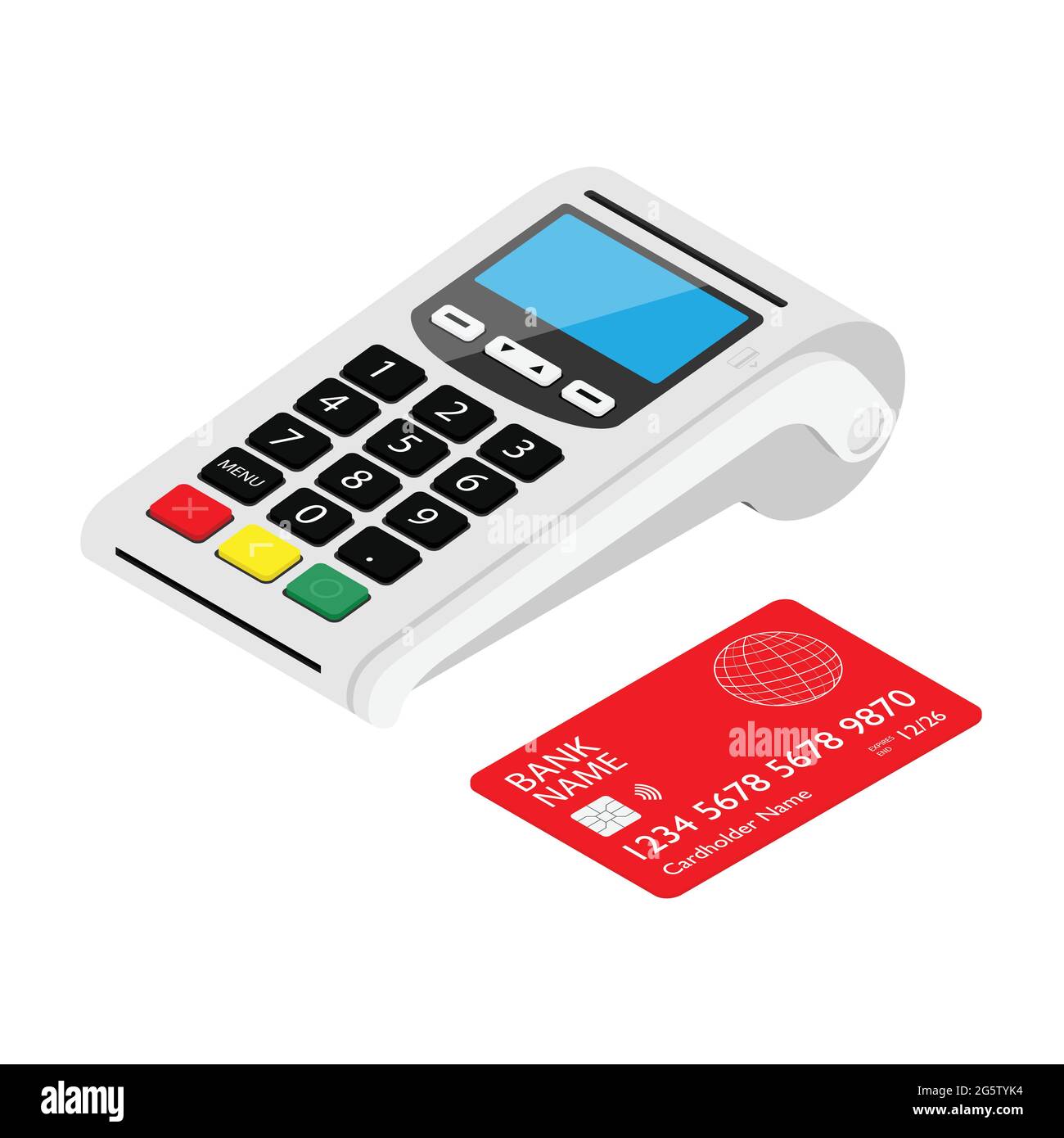 POS Terminal payment machine and bank credit card isolated on white ...