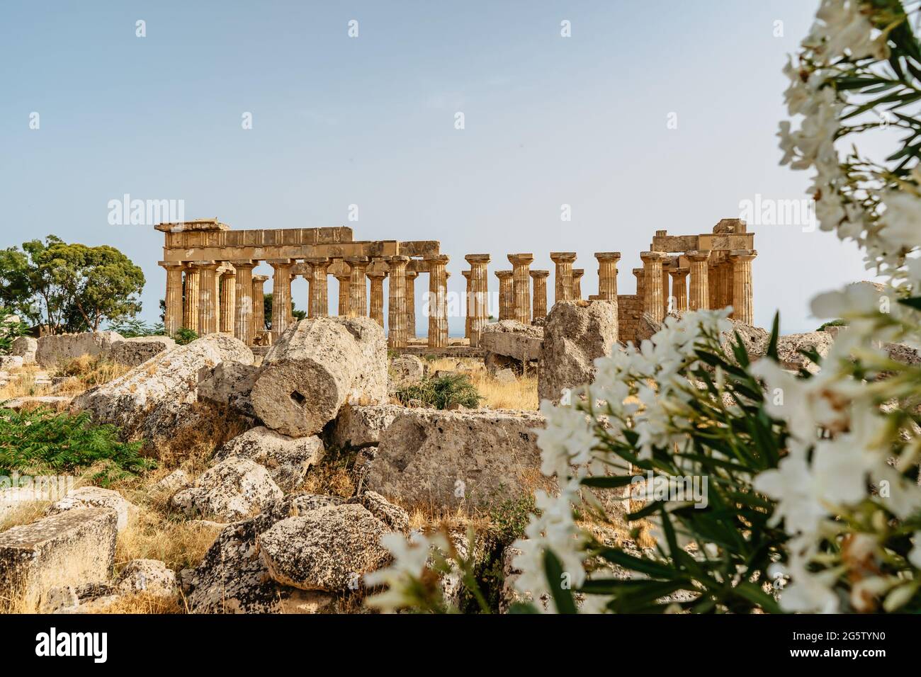 The Temple of Hera at Selinunte Archaeological Park,Sicily,Italy.Ruins of residential and commercial buildings in ancient Greek town of Selinus. Stock Photo