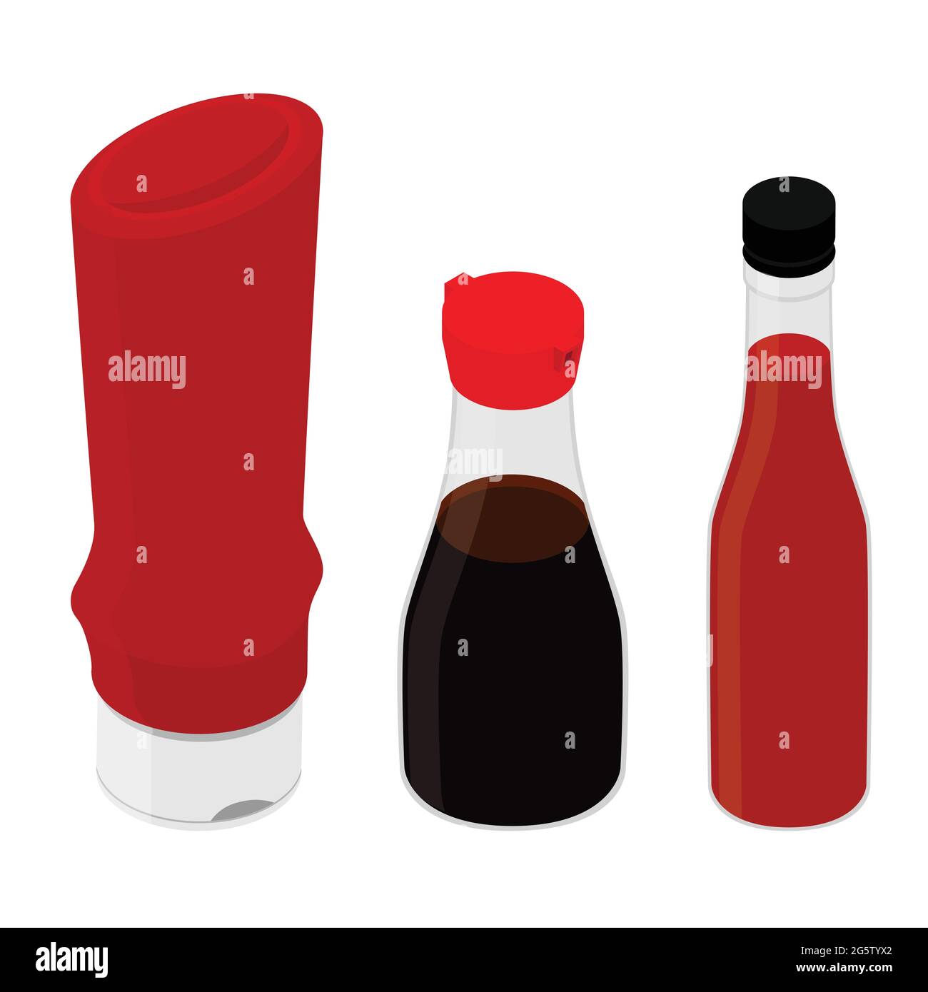 Tomato ketchup, soy and hot sweet chili pepper sauce bottles isolated