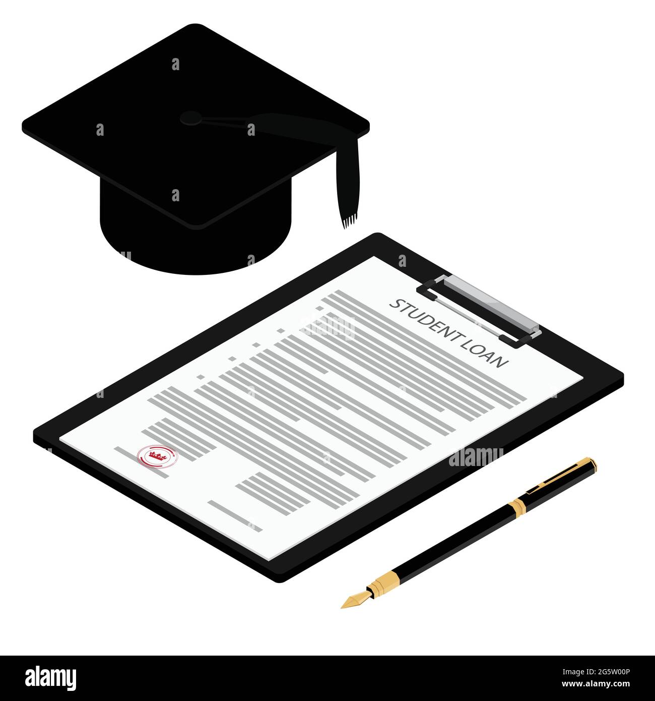 Student loan application form on clipboard, graduation hat and fountain