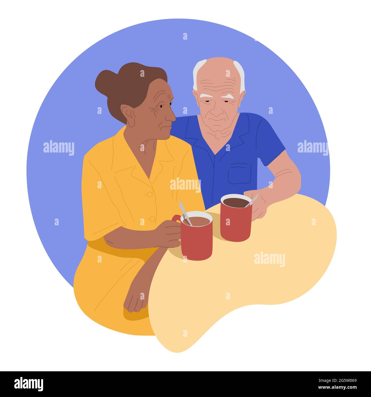 Senior couple sitting near the table, badgerly balding man and elderly woman drinking tea and coffee, people in years spending time together vector Illustration Stock Vector