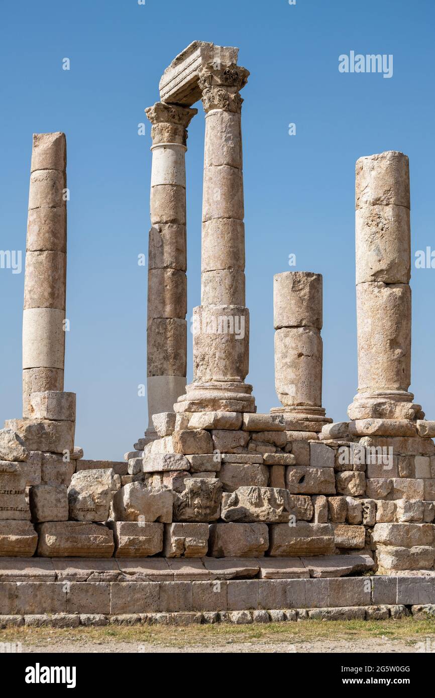 Temple of Hercules in the Amman Citadel is a historical site at the center of downtown Amman, Jordan. In Arabic it is known as Jabal al-Qal'a. Stock Photo