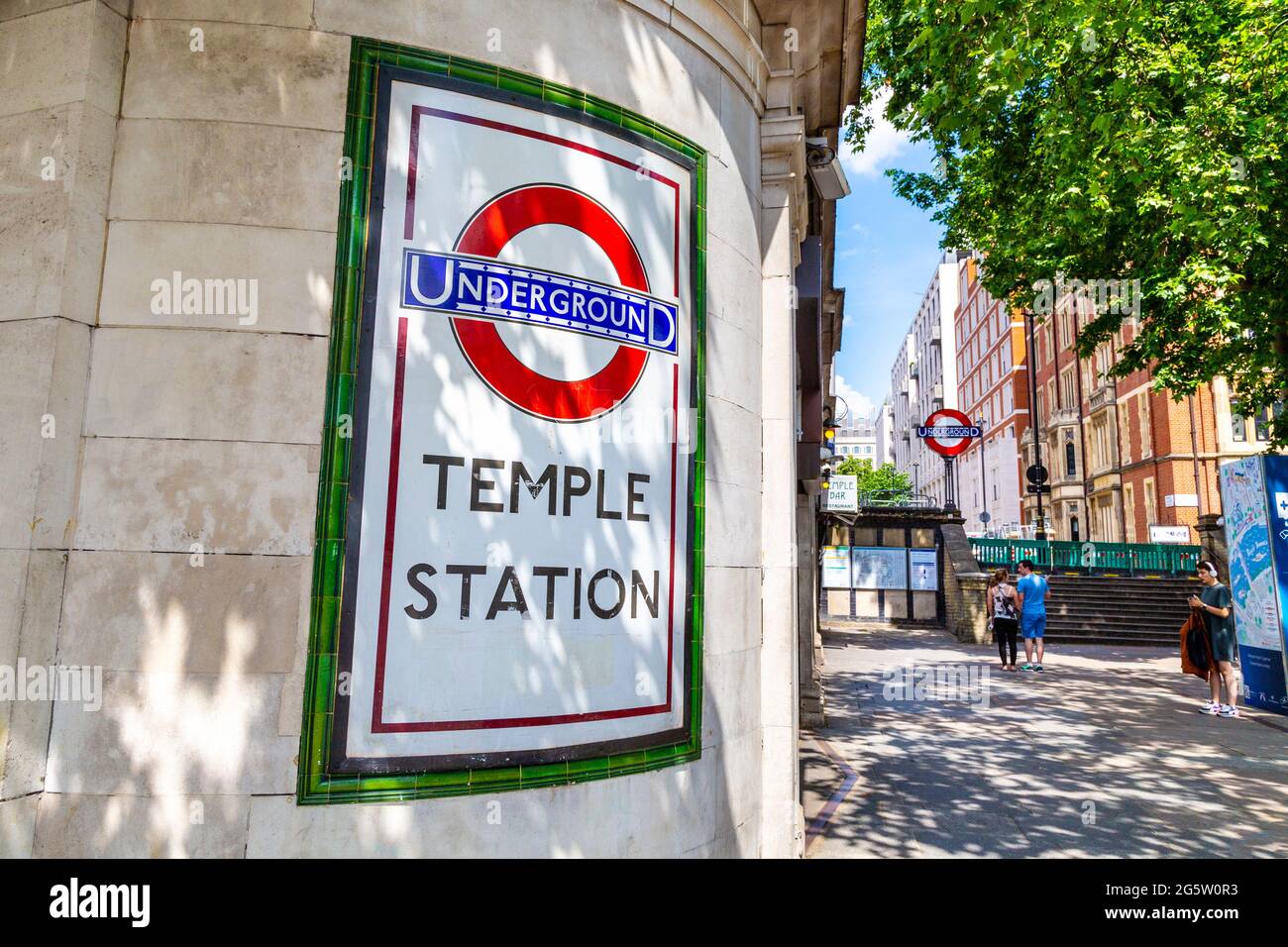 Temple Station sign, Victoria Embankment, London, UK Stock Photo