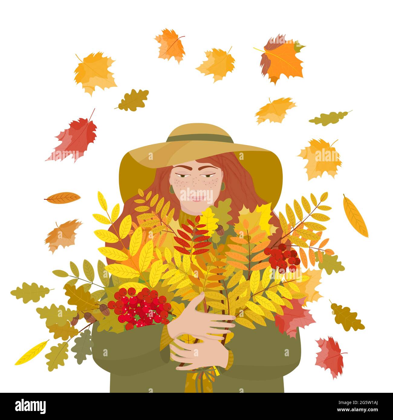 A pretty girl holds a bouquet of autumn leaves of mountain ash, maple and oak against the background of falling foliage. Isolated on a white backgroun Stock Vector