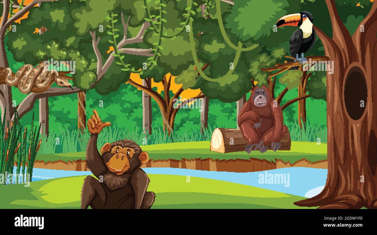 Forest scene with different wild animals illustration Stock Vector ...