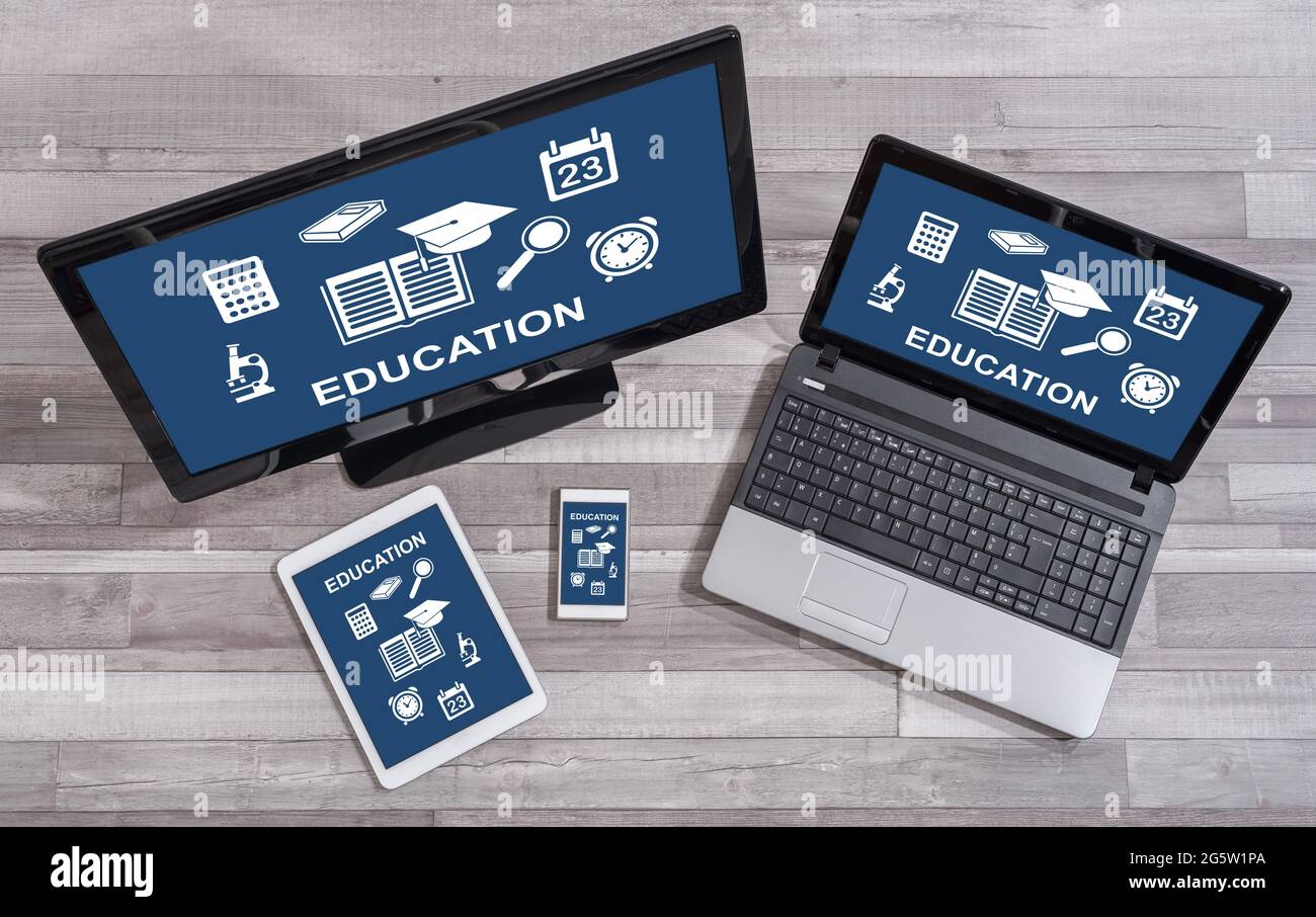 Education concept shown on different information technology devices Stock Photo